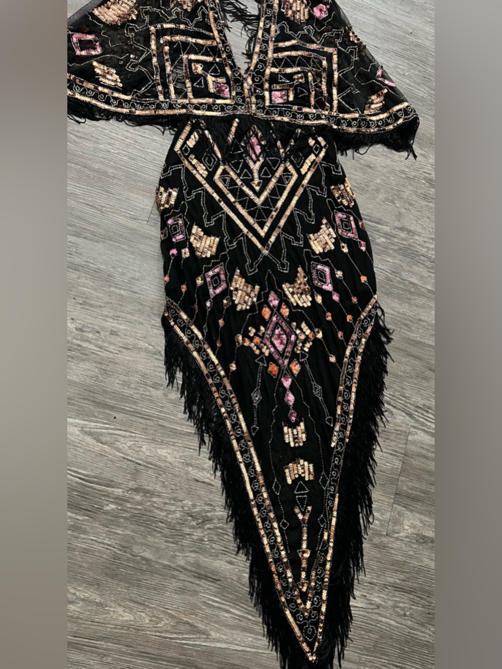 RARE Y2K ASOS design Black Sequin Fringe Maxi Dress with Pink & Rose Accents#A10 - Picture 5 of 16